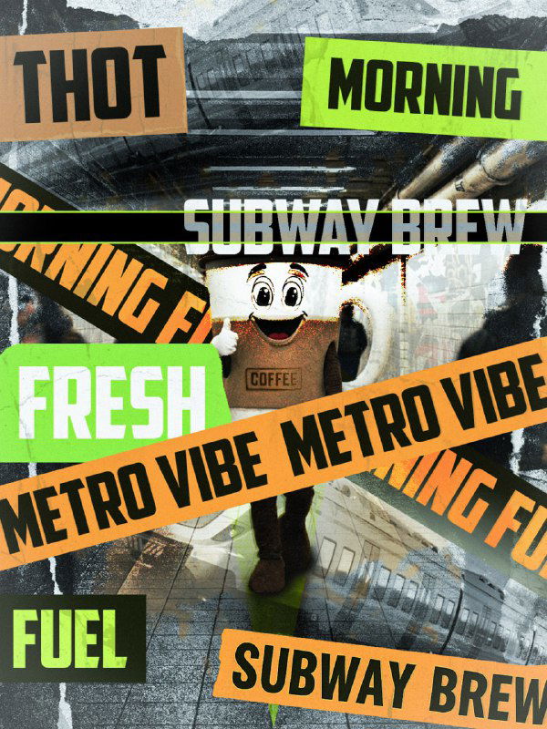 Динамичный постер с яркими типографскими полосами 'Metro Vibe' и городской сценой; стилизованный логотип кафе и контрастные оранжево-зелёные вставки.
