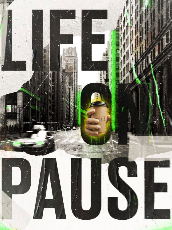 Монохромный урбан-постер с крупной надписью 'LIFE PAUSE', уличной перспективой и фокусом на стаканчике кофе — зелёные неоновые акценты подчёркивают композицию.