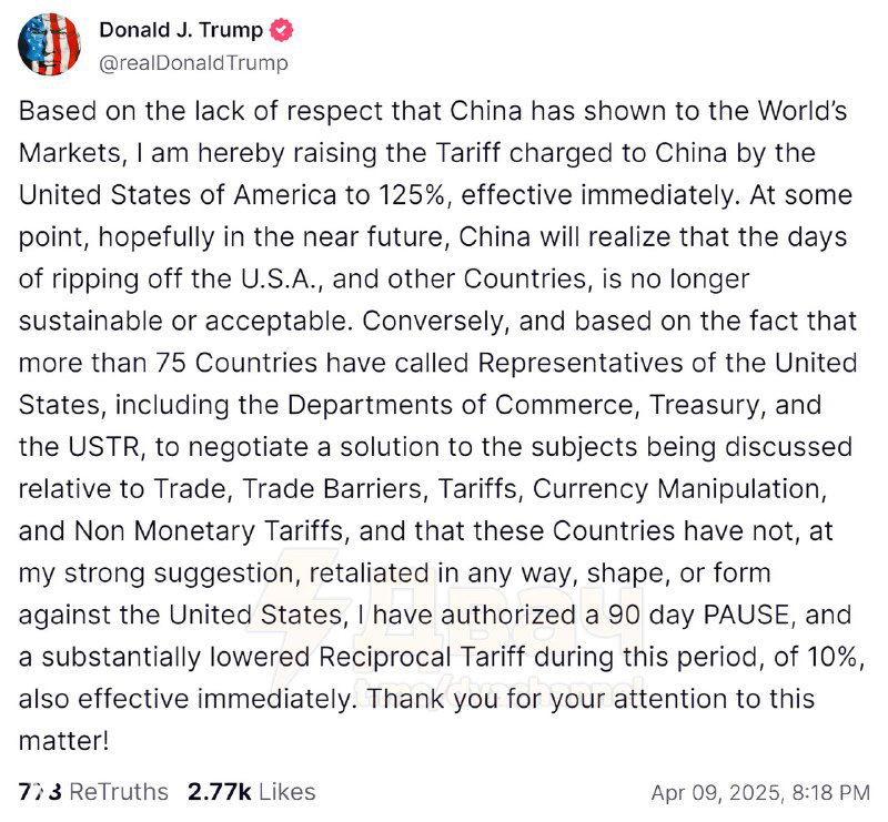 Скриншот публичного твита с указанием пересмотра пошлин и тарифов — показан текст сообщения и интерфейс Twitter на английском языке.