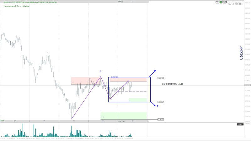 Чарт USD/CHF с диапазоном 79.017–79.411 и отмеченными зонами ожидания дальнейших сигналов перед входом в рынок для снижения риска.