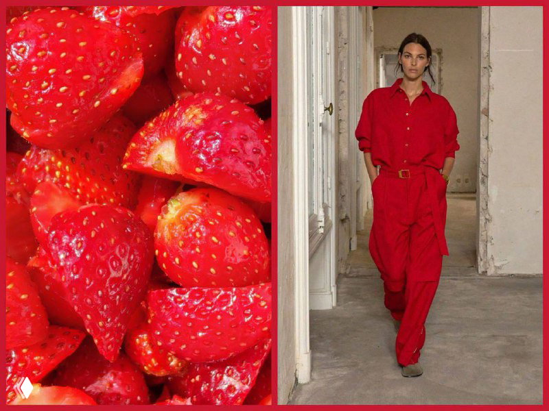 Коллаж с крупным планом спелой клубники слева и справа — модель в красном костюме в минималистичном интерьере.
