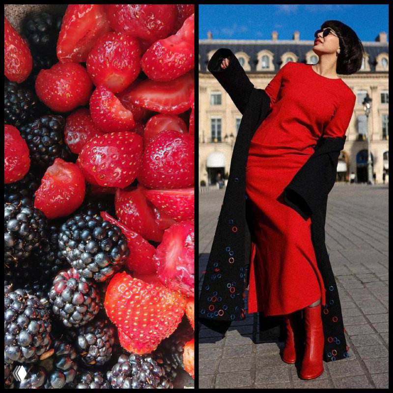 Коллаж: насыщенные клубника и ежевика слева и справа — женщина в красном платье на городской площади, контраст текстур.