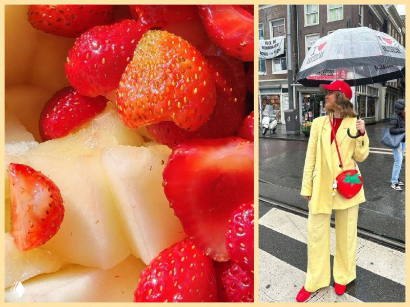 Коллаж с крупным планом клубники и дыни слева; справа — женщина в жёлтом костюме с красными акцентами, игра вкуса и цвета.