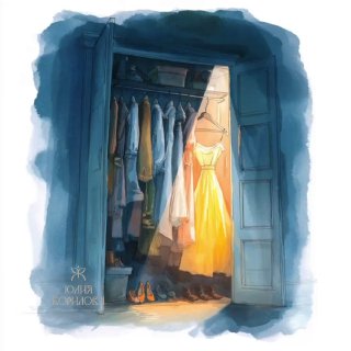 Акварельная иллюстрация: открытый шкаф с висящими вещами и светящимся жёлтым платьем в центре, туфли внизу, мягкие синие тона и подпись автора.