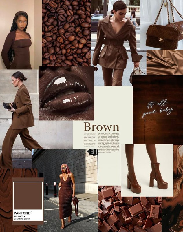 Коллаж и мудборд в коричневых тонах: кофейные зерна, кожаные вещи, обувь и палитра оттенков — визуальная карта ассоциаций цвета.
