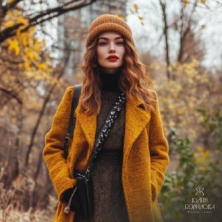 Рыжая модель в горчичном пальто и шапке на осенней аллее, листья и природная палитра подчёркивают тёплое настроение и гармонию образа