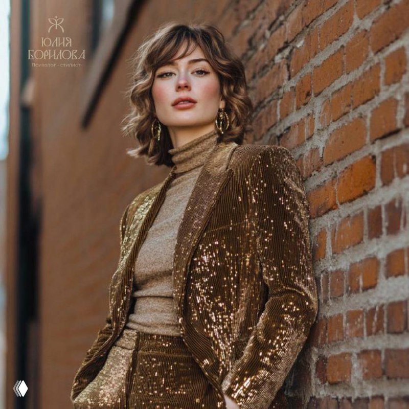 Модель у кирпичной стены в коричнево-терракотовом блестящем костюме и тёплом гольфе: сочетание текстур и глубоких осенних оттенков в образе