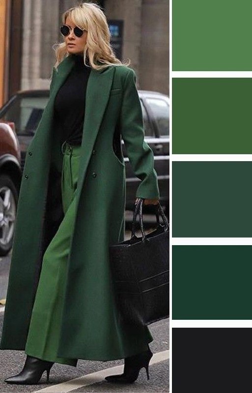 Модный образ в длинном тёмно‑зелёном пальто и широких брюках рядом с палитрой зелёных полос — вариации холодных оттенков зелёного.