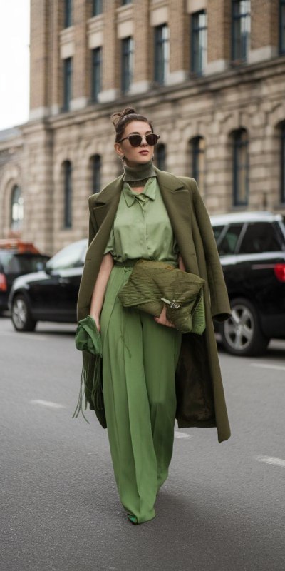 Элегантный женщинский образ в разных зелёных тонах: светло‑зеленая блуза, клатч и длинное пальто — пример плавного монохрома в стиле.