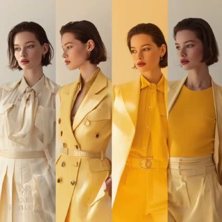 Четыре портрета одной модели в разных вариантах желтого и светлых оттенков — демонстрация влияния оттенка и фактуры на облик и восприятие.