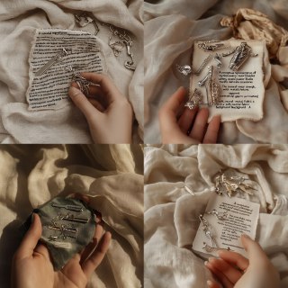 Руки, аккуратно раскладывающие небольшие украшения‑булавки на страницах старой книги; тёплая, интерьерная композиция, создающая атмосферу личного ритуала.