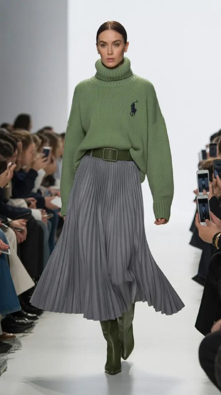 Модель в оливковом джемпере и серой плиссированной юбке — сочетание зелёного и серого с лёгкой фактурой и движением.