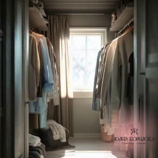 Фотография светлой гардеробной с нейтральными вещами на вешалках у окна; мягкий дневной свет и логотип Юлии Бориловой внизу изображения.