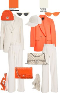 Лук-коллаж: яркий оранжевый жакет и аксессуары рядом с бежевыми и кремовыми элементами — варианты сочетаний для дневного образа.