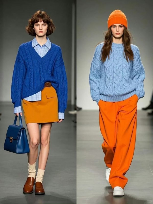 Подиумные кадры и стилизованные образы: смелые сочетания оранжевого с синим, иллюстрация трендовых комбинаций SS26.