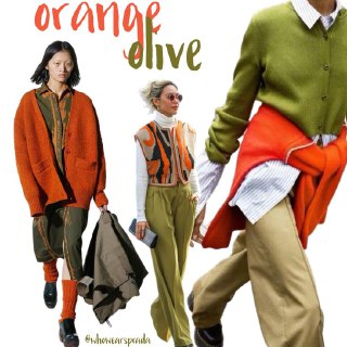 Коллаж с оранжевыми и оливковыми решениями: оливковый и хаки смягчают яркость и делают образ более земным и спокойным.