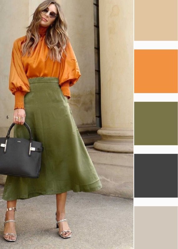 Лукборд с образцом палитры: оранжевый в сочетании с бежевыми и оливковыми тонами, демонстрация возможных цветовых сочетаний в гардеробе.