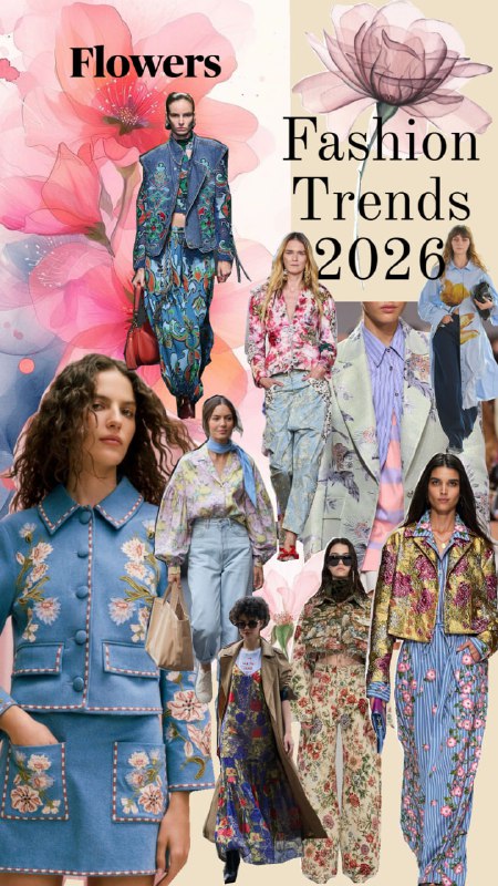 Коллаж и фирменная графика с надписью Flowers Fashion Trends 2026 и множеством образов в цветочных принтах для трендовой навигации.