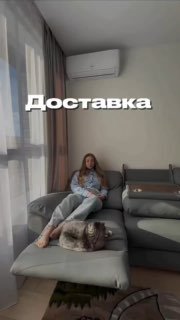 Девушка сидит на сером диване в гостиной с собакой на пуфе; на фото наложен текст «Доставка», демонстрируется диван и интерьер.