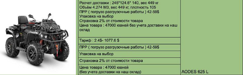 Крупный план квадроцикла и таблица расчёта доставки с итоговой стоимостью, тарифами и дополнительными услугами для импорта.