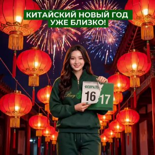 Девушка в зелёном худи держит отрывной календарь с датами 16–17 февраля на фоне традиционных китайских фонарей, гирлянд и салюта в честь Нового года.