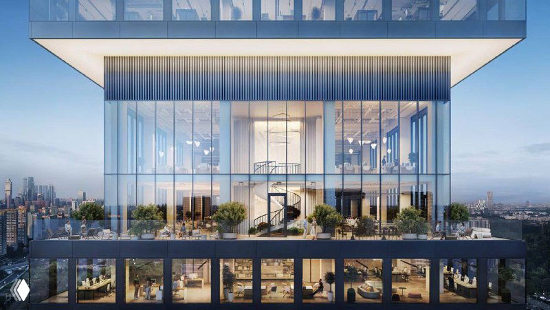 Интерьерный рендер верхних этажей Omni_tower: панорамные окна, открытые террасы и организованные рабочие зоны с видом на город.