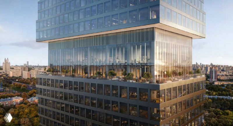 Детальный фрагмент фасада Omni_tower: переходные пояса между блоками, отражения городской среды в стекле и текстура оконной сетки.