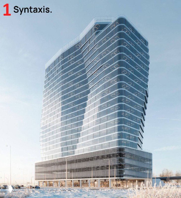 Визуализация концепции участника архитектурного конкурса: современный офисный многоэтажный корпус с волнообразным фасадом и крупными остеклёнными поверхностями.