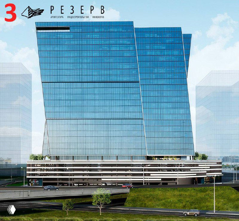 Рендер концепции участника конкурса на проект бизнес‑центра: высокое здание со стеклянным фасадом и выраженной вертикальной ритмикой в фасаде.