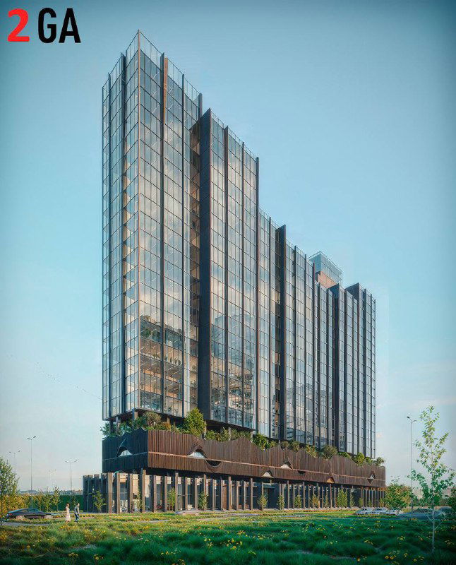 Ночной рендер варианта проекта бизнес‑центра для конкурса ГК «Расцветай»: подсветка фасада, общественные зоны на цоколе и ландшафт вокруг здания.