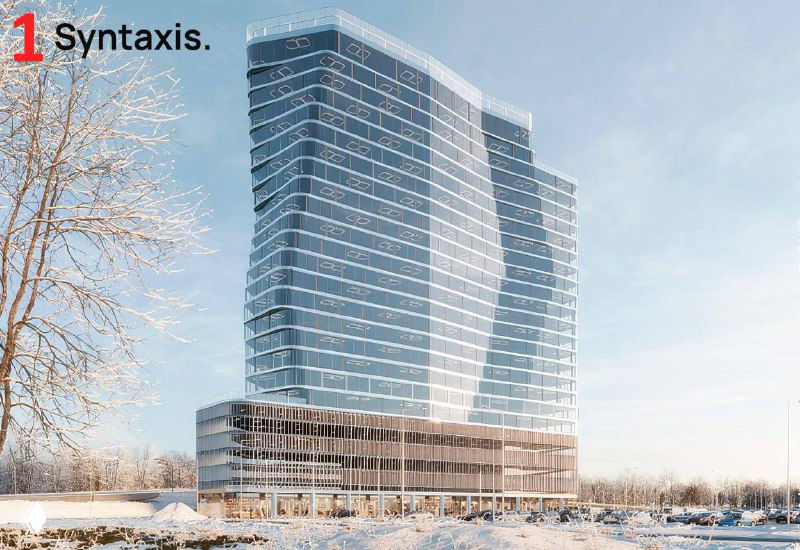 Дневная визуализация варианта проекта: массивный стеклянный объём с горизонтальными членениями и активной уличной фронтальной частью.