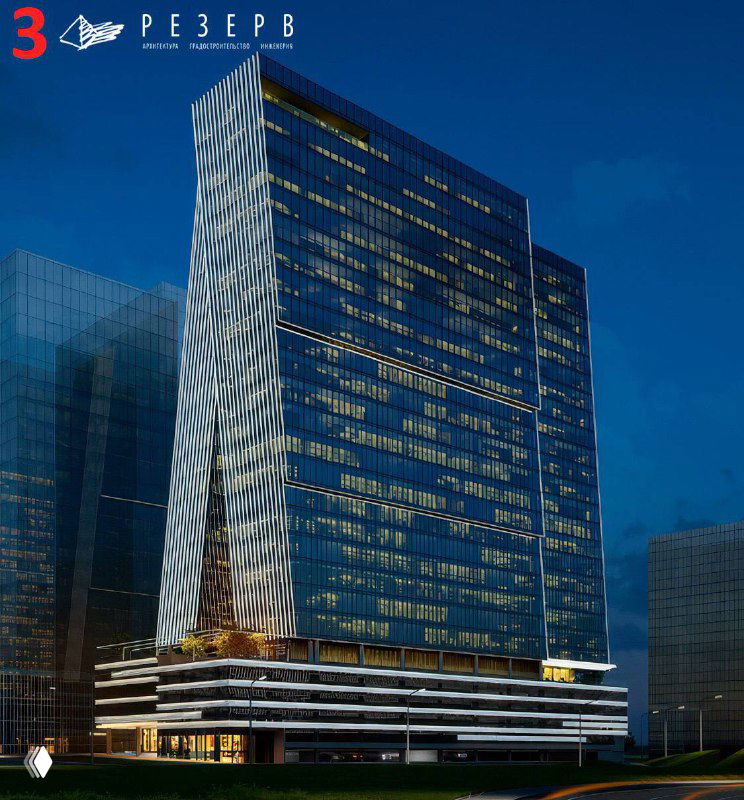 Рендер концепции участника архитектурного конкурса: строгий прямоугольный фасад, акцент на офисные планы и парковочные решения в основании здания.