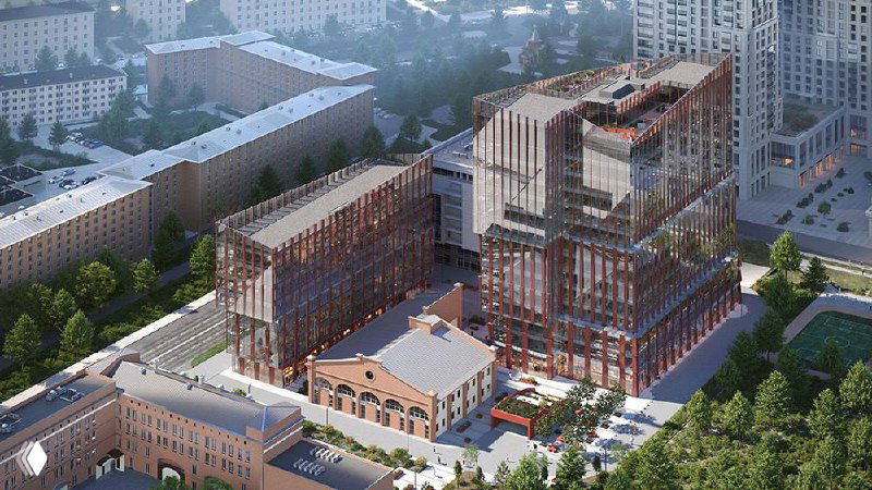 Аэросъёмка концепта комплекса Upside Останкино: два корпуса (8 и 15 этажей), внутренний двор и сохранённые кирпичные постройки в составе проекта.