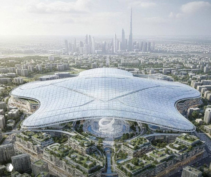 Внешний вид проектируемого комплекса: крупная куполообразная крыша мегамолла на фоне городской застройки и силуэтов высотных зданий Дубая.