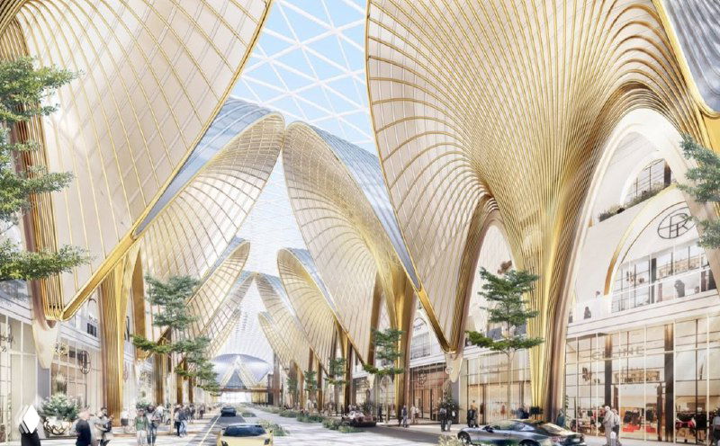Рендер интерьера с арочными позолоченными конструкциями и высоким сводом, торговыми галереями и элементами ландшафтного дизайна внутри комплекса.