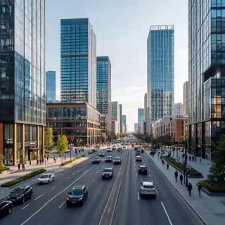 Панорамный вид делового квартала с высотными офисными зданиями, автомобилями и пешеходами — иллюстрация рынка коммерческой недвижимости Москвы.