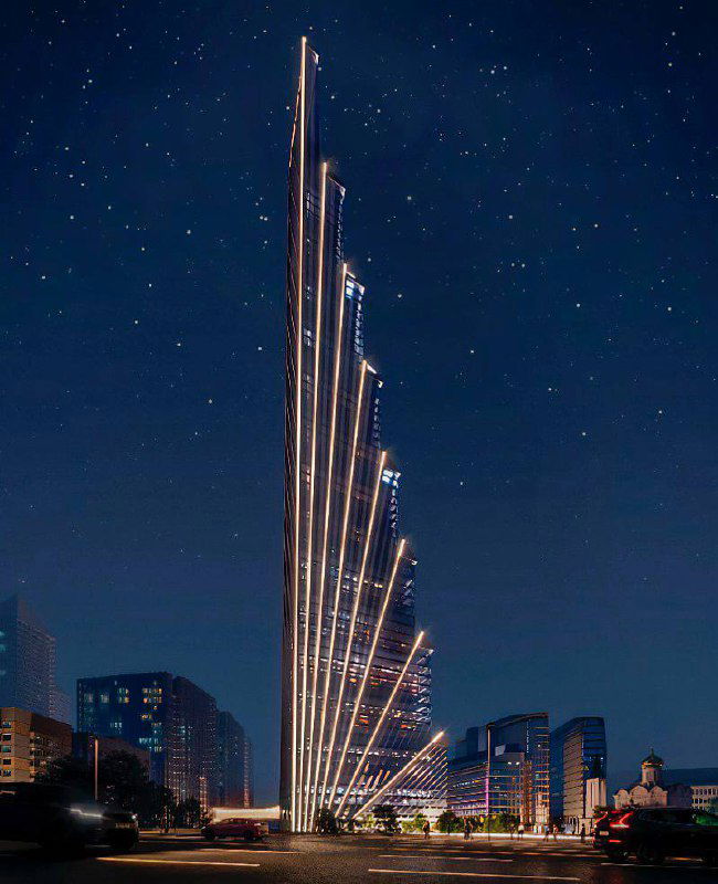 Ночная визуализация высотной башни с подсветкой и выделяющейся вертикальной структурой, городской контекст вокруг проекта Slava.