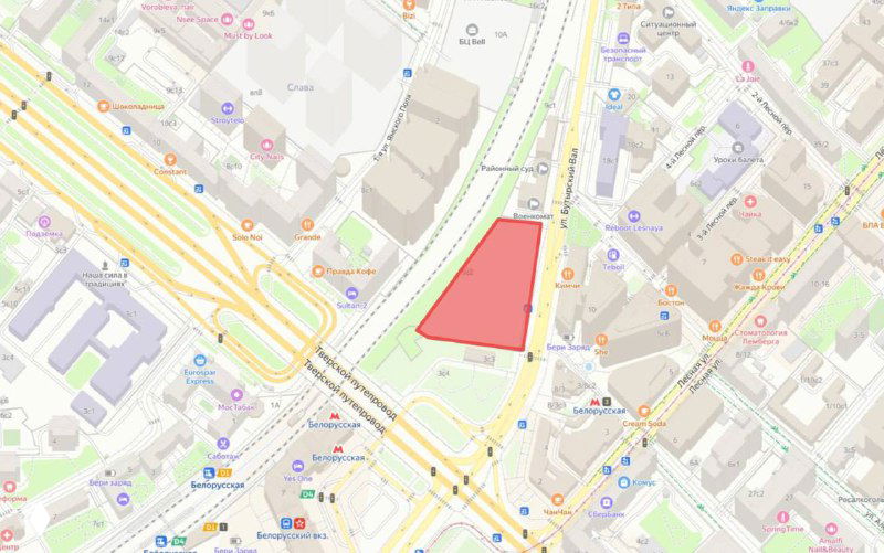 Фрагмент карты с выделенным красным участком возле Белорусского вокзала — место планируемой застройки проекта Slava.