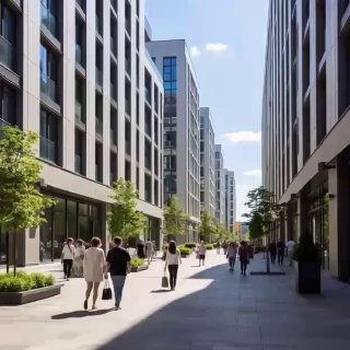 Пешеходная улица между корпусами жилого комплекса: прохожие и витрины, визуализация ритейла и коммерческой недвижимости.