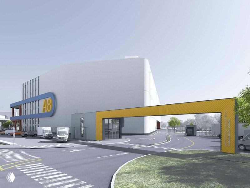 Рендер въезда и зоны разгрузки: грузовые машины на подъезде, жёлтая арка и организованные подъездные пути у производственного корпуса.