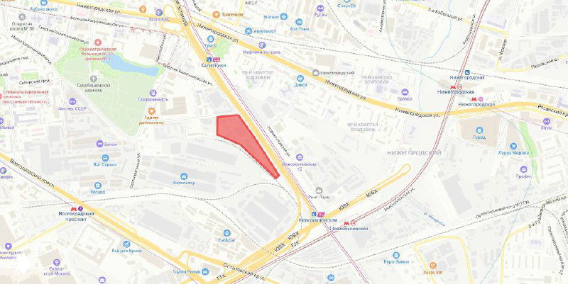 Карта с выделенным красным участком на территории бывшего Таганского мясокомбината и обозначением соседних улиц и ориентиров в городской среде.