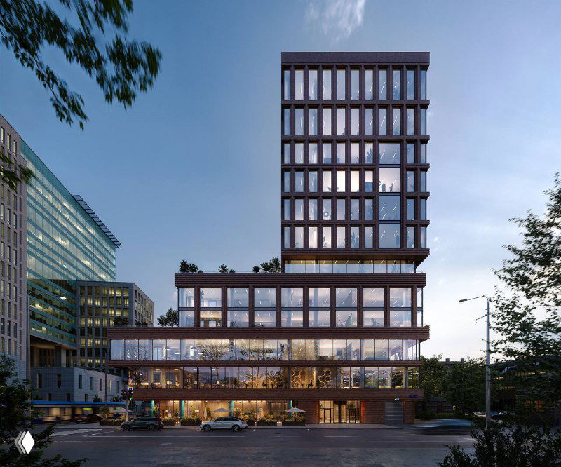 Рендер: многоуровневое здание с выразительными оконными прорезами и террасами; перспектива со стороны городской улицы и привязка к окружению.
