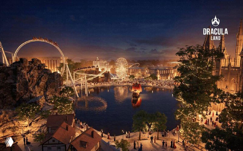 Широкий план концептуальной зоны развлечений с аттракционами и набережной, люди прогуливаются по аллеям в вечерней подсветке