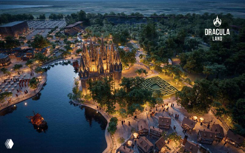 Панорамный вид на центральную часть парка с замком в окружении зелёных зон и зданий, концептуальная визуализация туристического комплекса