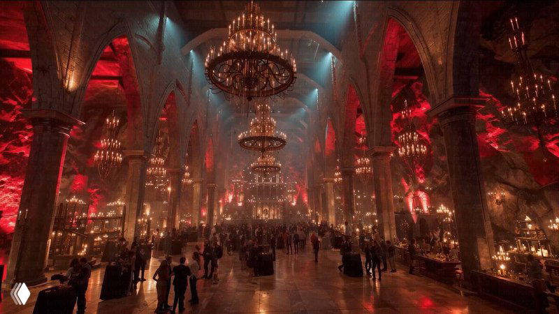 Интерьер большой залы с хрустальными люстрами и красной сценической подсветкой, атмосфера готического праздника и массового события