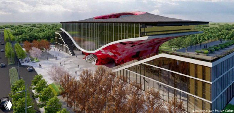 Аэросъёмка архитектурного ансамбля «Крылья Сюнъаня»: боковой объём здания, ландшафтная интеграция и подходы к входам на фоне зелёной зоны.