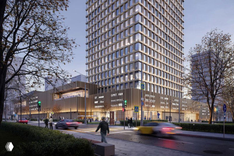 Визуализация высотного БЦ с пристроенным торговым уровнем: ночная подсветка, пешеходная зона и входные группы торговой галереи.