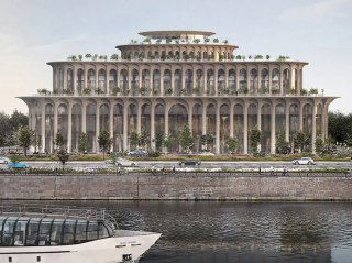 Крупная концептуальная визуализация монументального общественного здания с причудливым фасадом и набережной на переднем плане.