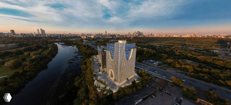 Аэровид на район Хорошёво‑Мнёвники: крупный деловой квартал, шоссе, река и место размещения будущего бизнес‑комплекса STONE.