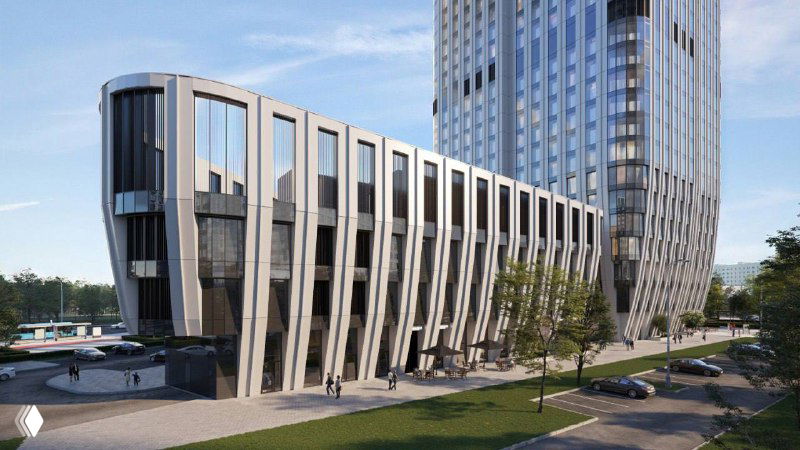 Рендер стилобата бизнес‑центра «Адмирал»: трёхэтажная коммерческая база с панорамными фасадами и отделкой металлическими элементами.